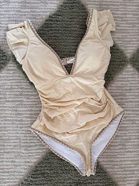 Cream Ruffled V-Neck One-Piece Swimsuit
